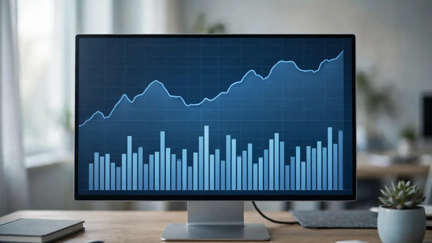 Visualización de tendencias de mercado en un monitor con gráficos de líneas y barras