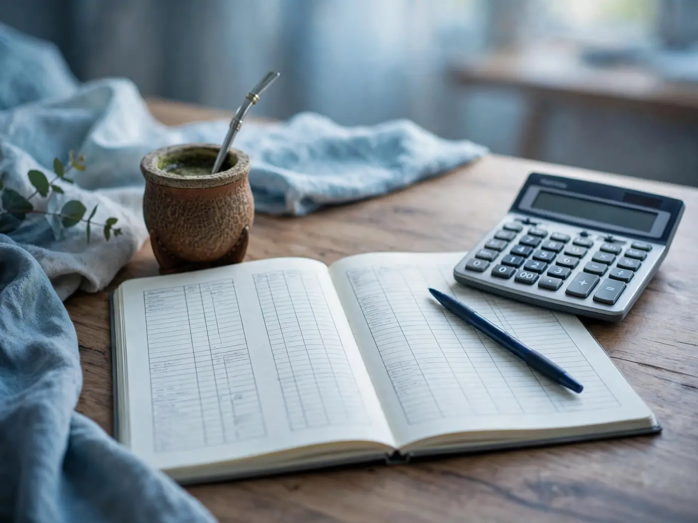 Planificación de presupuesto personal en un escritorio con cuaderno, calculadora y mate