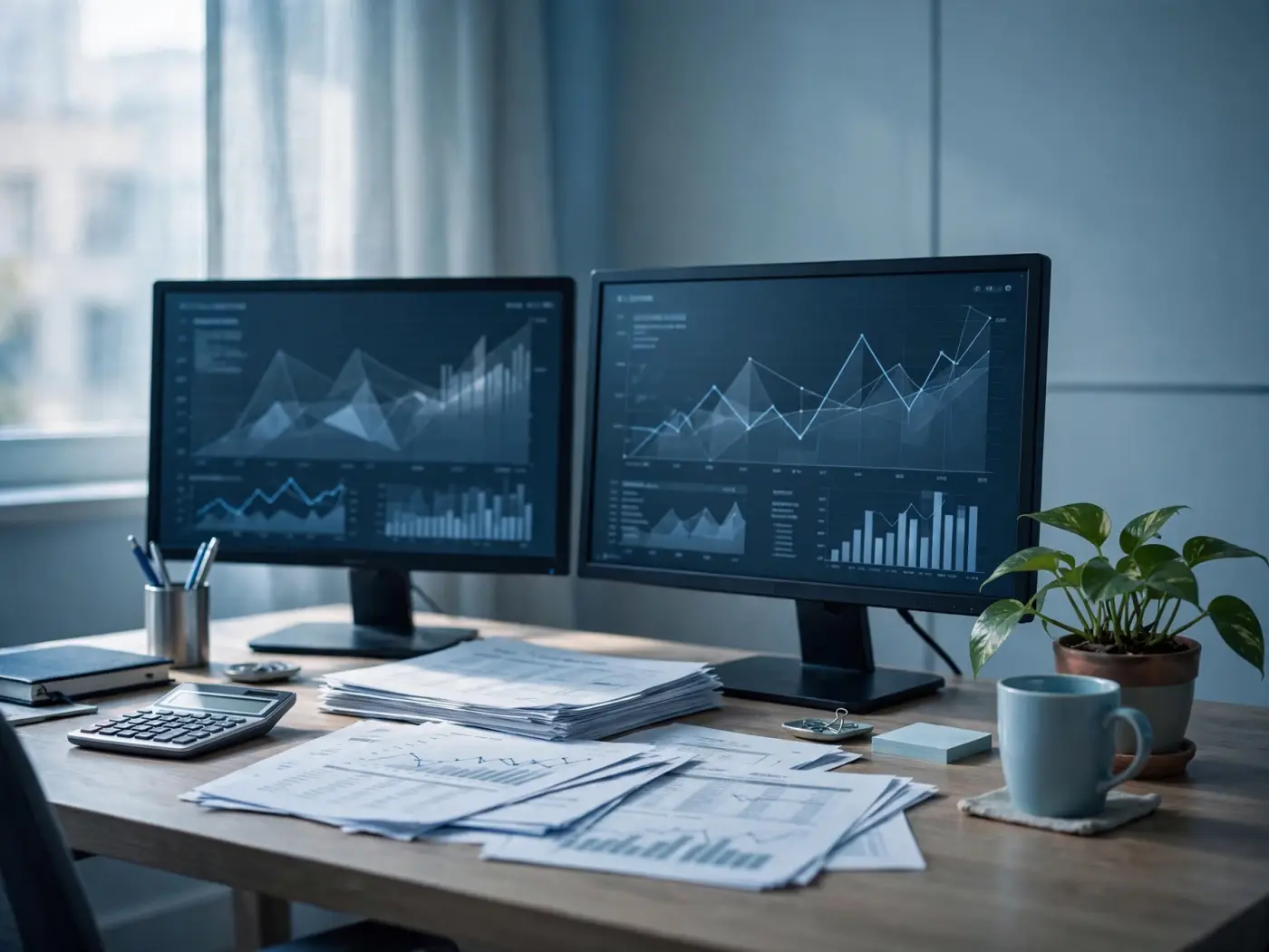 Espacio de trabajo ordenado con dos monitores, documentos y una planta