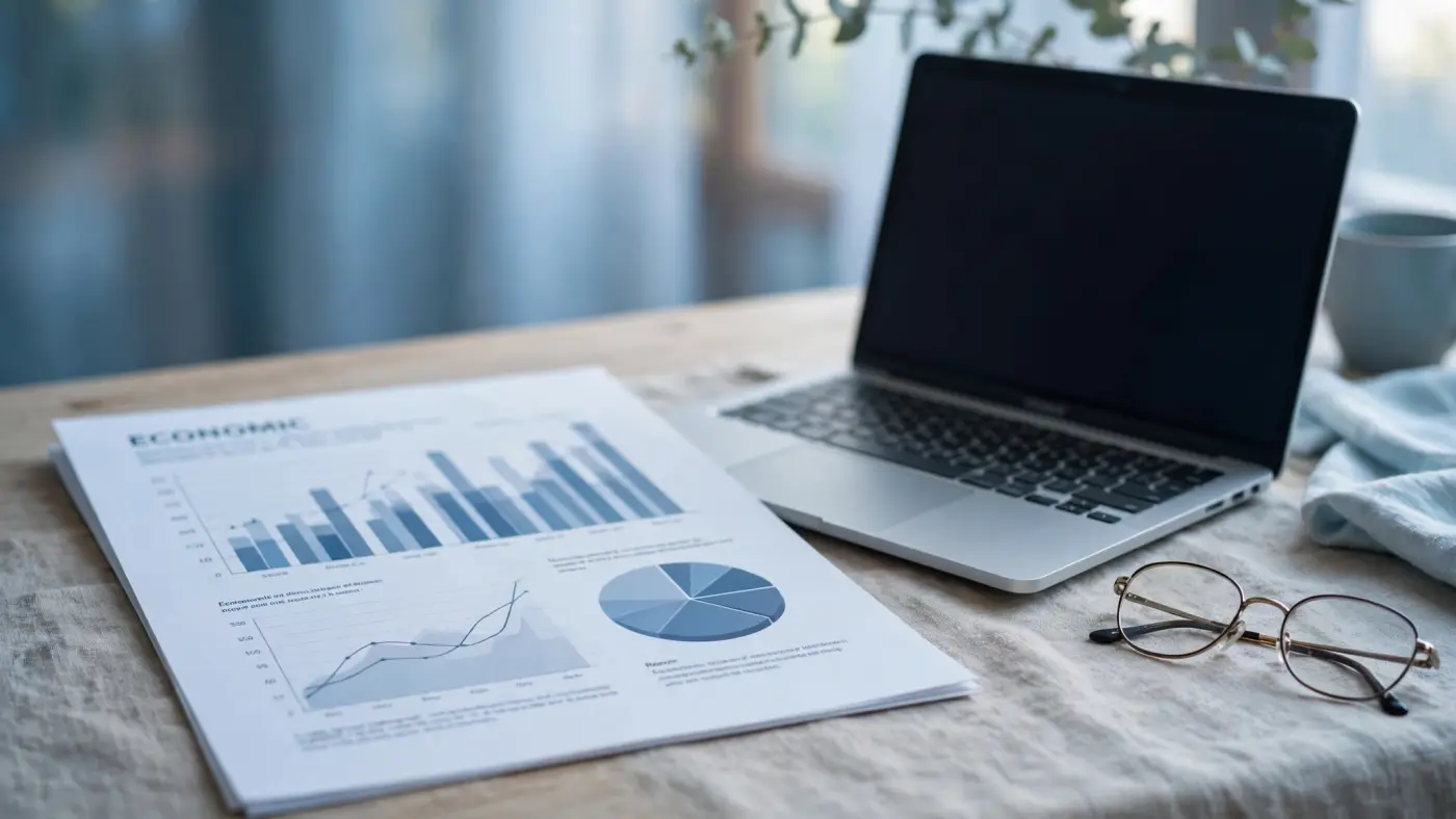 Informe económico impreso con gráficos junto a un portátil y lentes de lectura